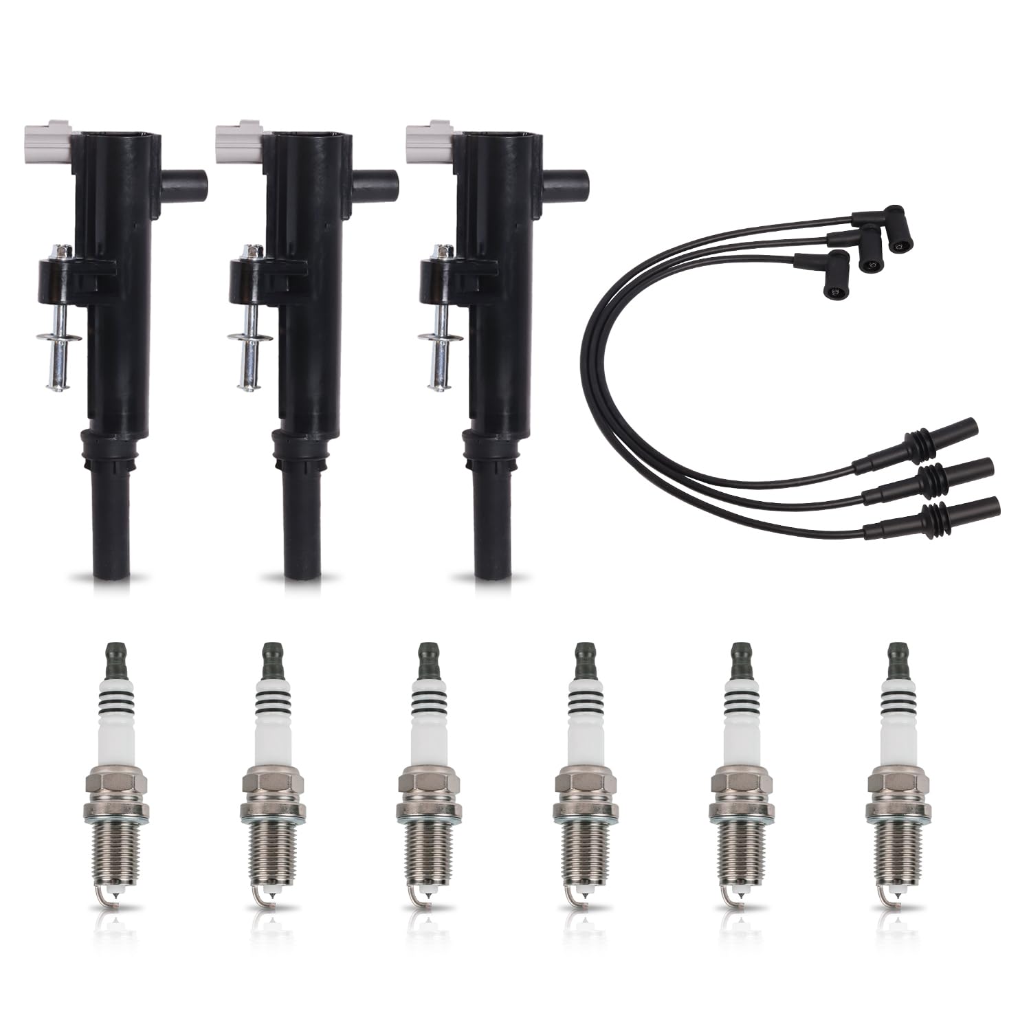 ENA Set of 3 Ignition Coil Pack 6 Platinum Spark Plug 3 Wire Set 2009 2010 2011 2012 Compatible with Dodge Jeep 1500 Dakota Durrango Nitro Raider Grand Cherokee Liberty 3.7L V6 Replace# For UF640 4504