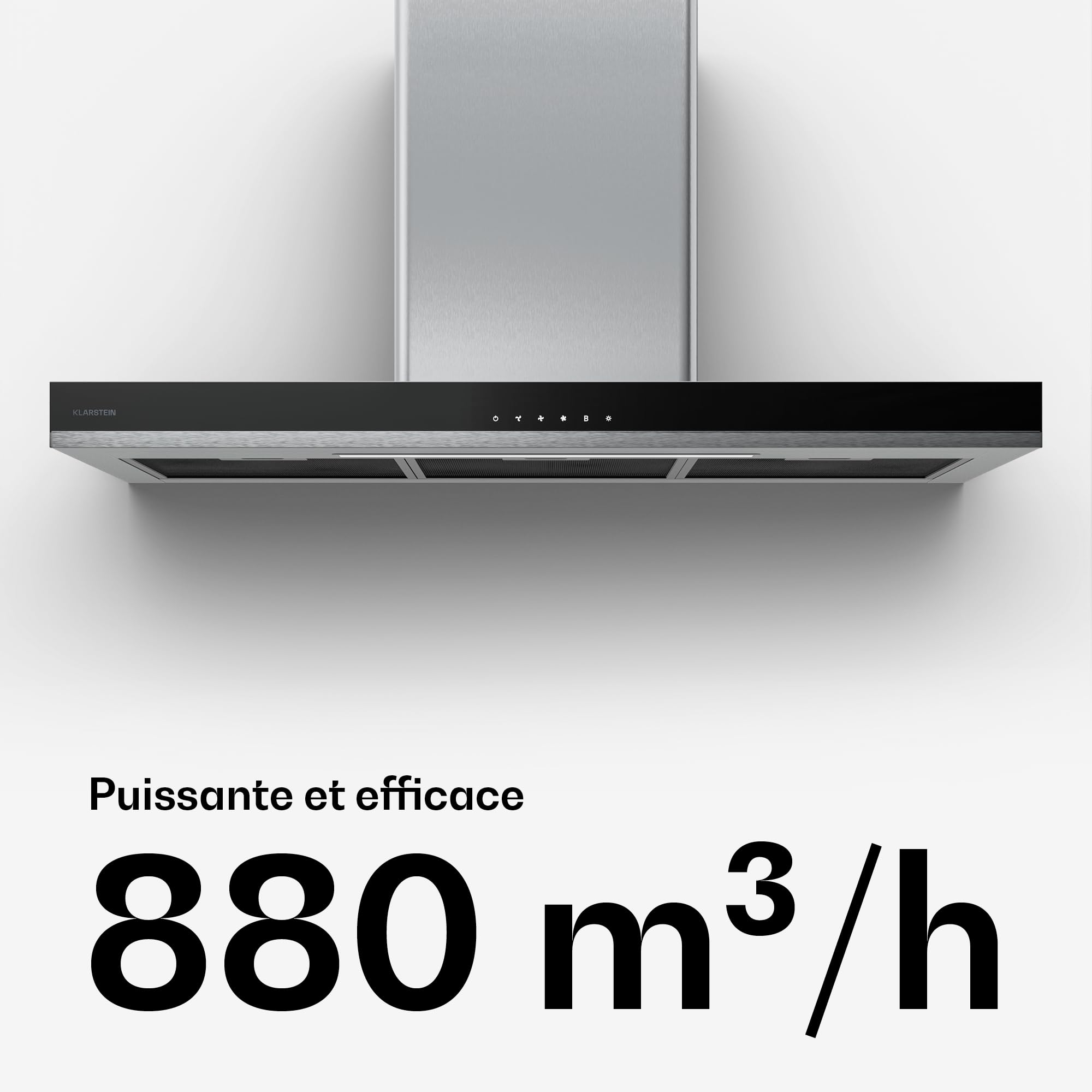 Klarstein Verosteel Hotte Aspirante 90 cm - Hotte Murale, 881,6 m³/h, A++, Commandes Tactiles, LED, Inox & Verre, 3 Vitesses + Boost, Filtre Charbon, Hotte Cuisine Silencieuse