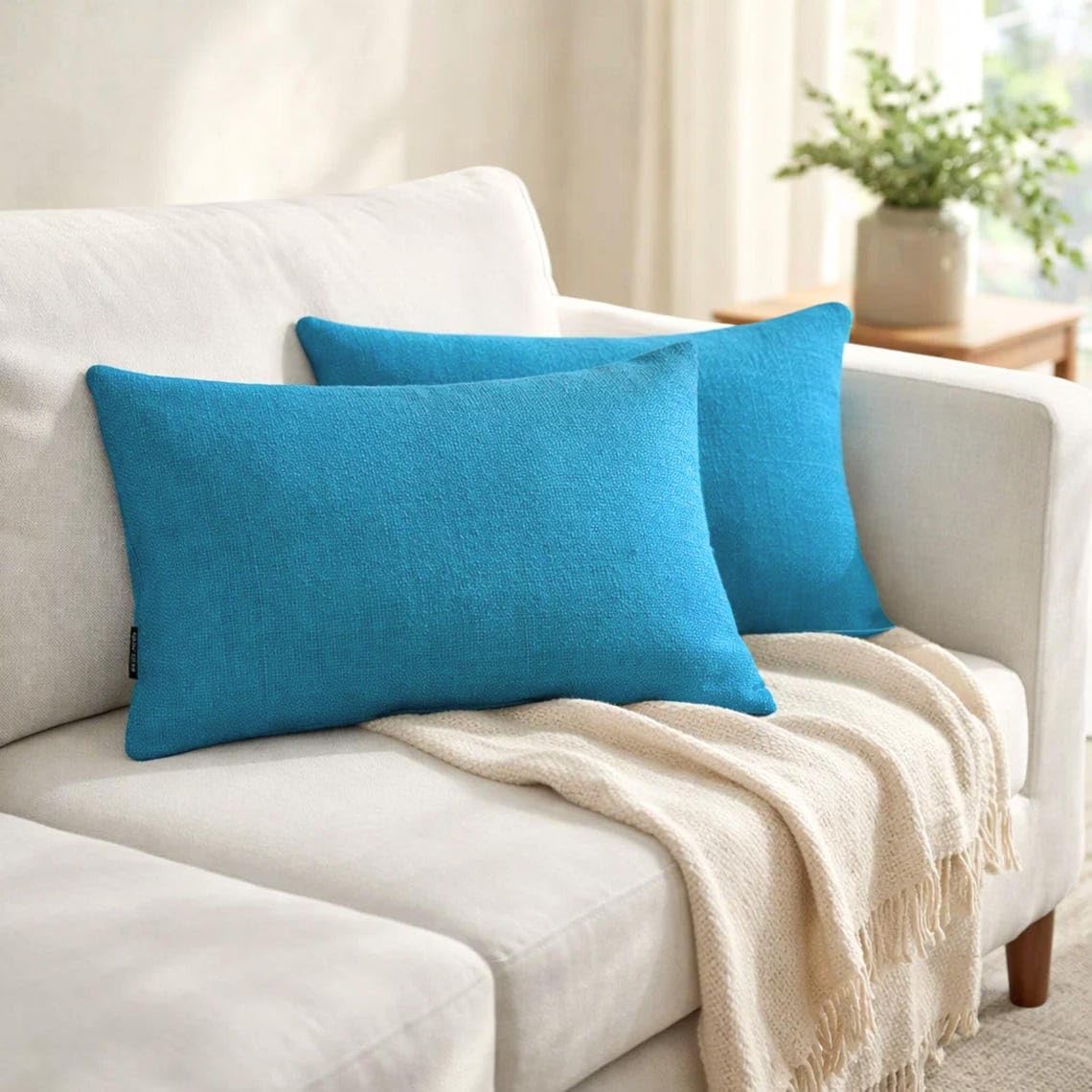 Juego de 2 Azul turquesa Lujo Funda de cojín lumbar 30 x 55 cm | Moderno Lino Funda de Cojín | Sólido, texturizado Fundas de almohada para sofá y dormitorio, decoración del hogar - Turquoise Linen