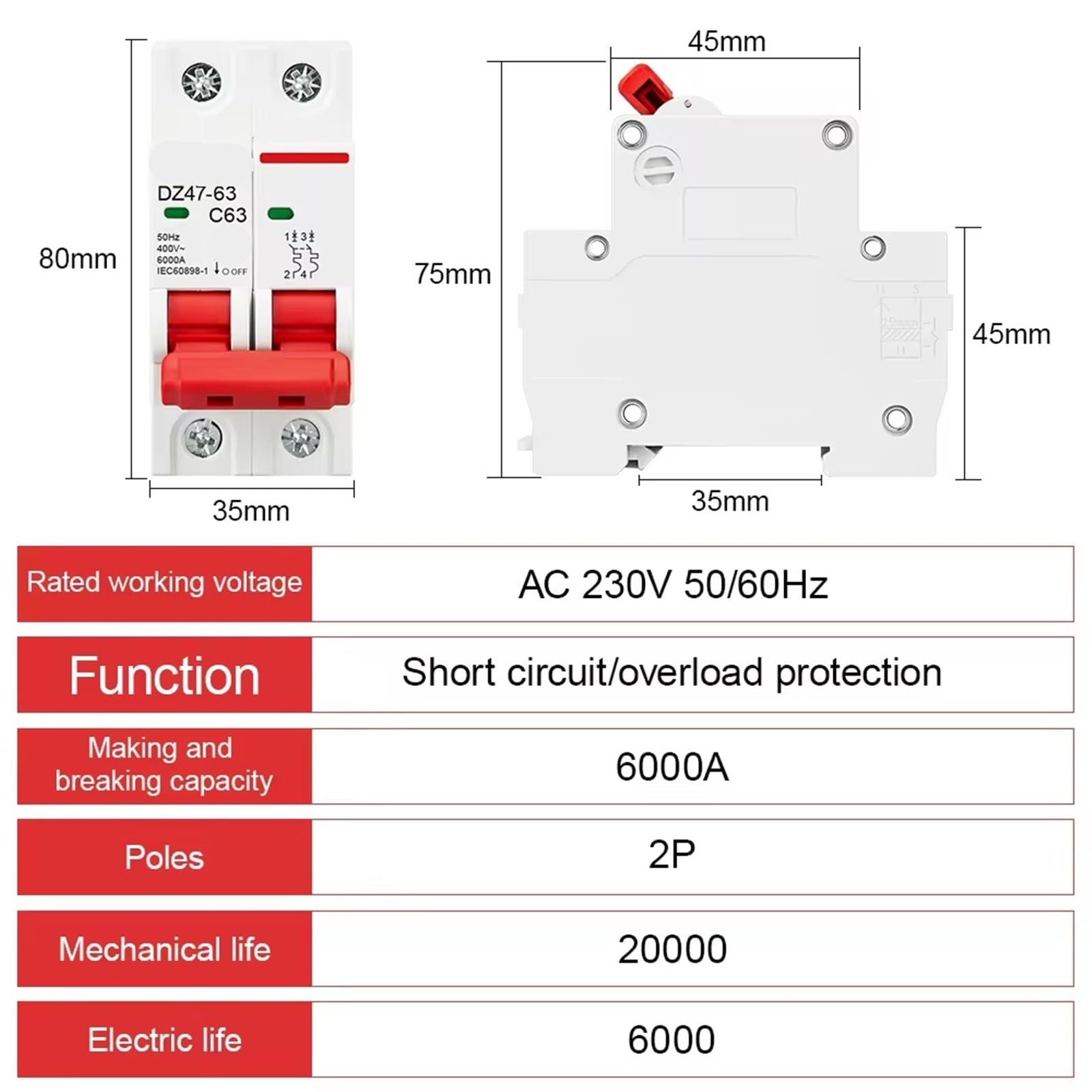 2P DZ47 AC 230/400V MCB C Type Circuit Breaker Overload Short Circuit Main Switch Din Rail 1Pcs(10A)