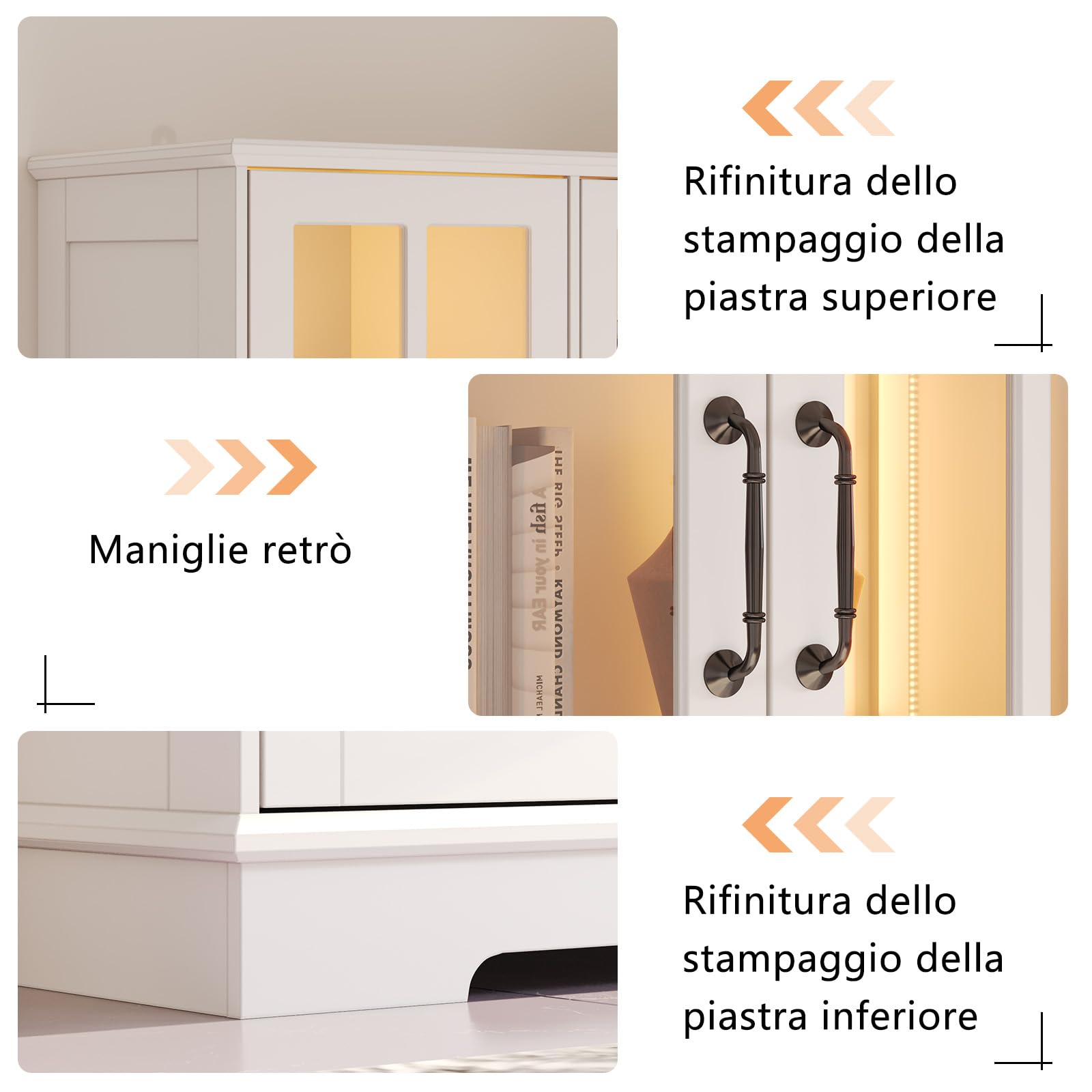 LUXOAK Armadio vetrina con illuminazione LED e maniglie retrò, armadio alto bianco 180 cm di altezza, 4 ante con finestre in acrilico e 5 ripiani, armadio moderno per soggiorno e cucina