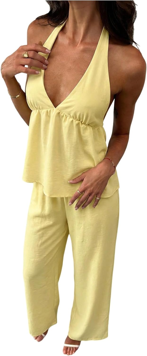 SOLY HUX Women's Summer Two Piece Set Deep V Halter Peplum Top and Pants Vacation Outfits Resort Wear