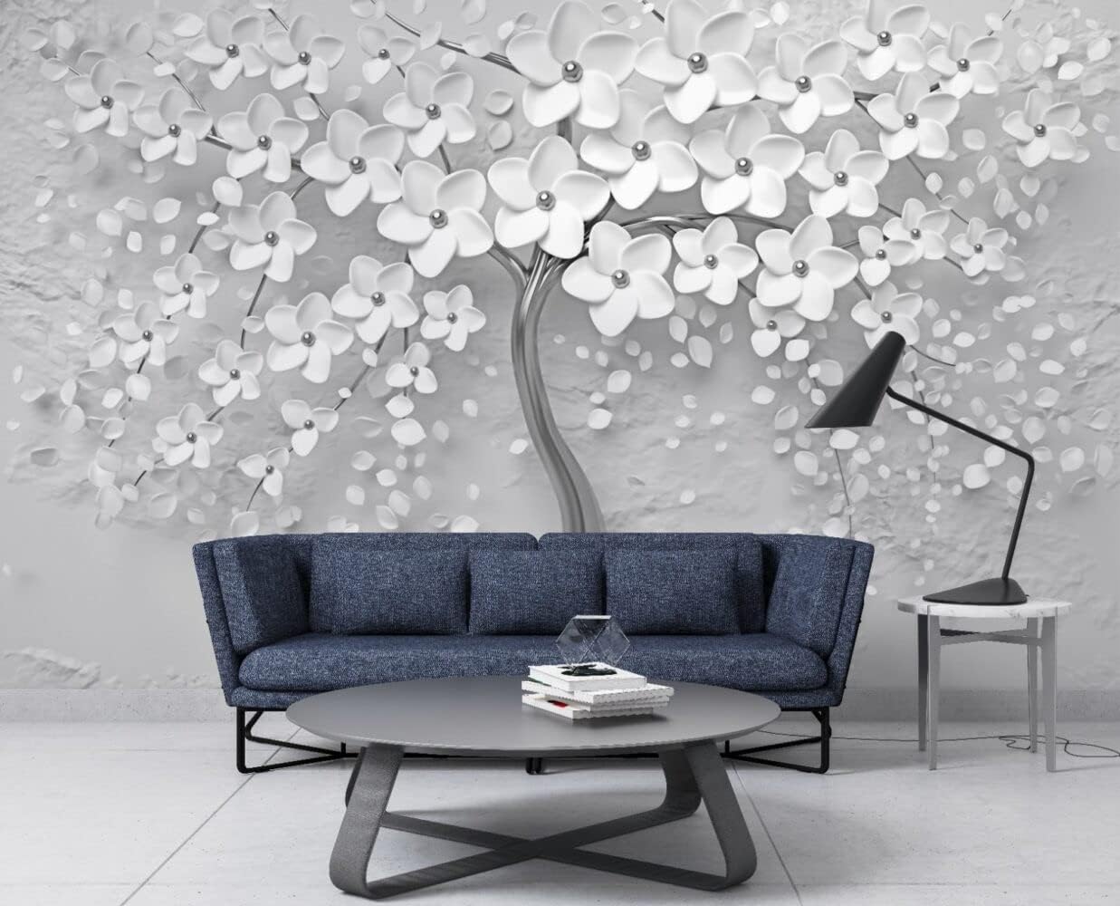 3D Black Floral Wall Mural | Embossed Look Removable Floral Wallpaper with Stunning White Flowers and Black Trunk Tree Design