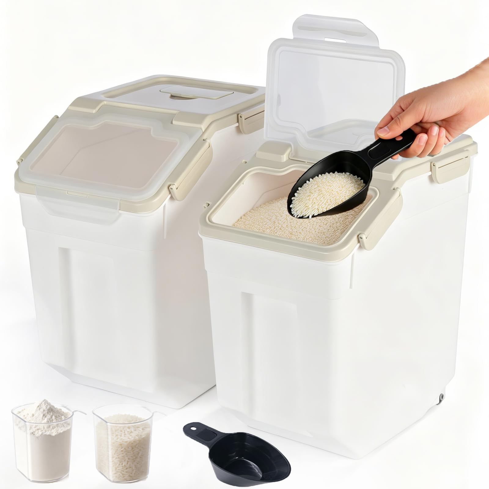 RUIAN 2 große Mehl-Aufbewahrungsbehälter, 11,3 kg, luftdicht, Reis-Aufbewahrungsbehälter mit Rädern, Verschlussdeckel, BPA-frei, mit Messbecher und Schaufel für Mehl, Reis, Getreide (grau)