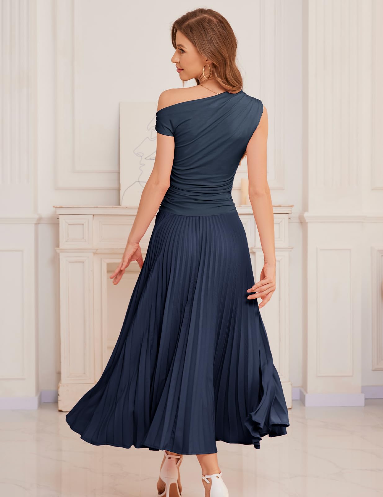 Bbonlinedress Vestido de cóctel largo plisado con un hombro descubierto, formal, para invitada de boda, verano, diario, fiesta