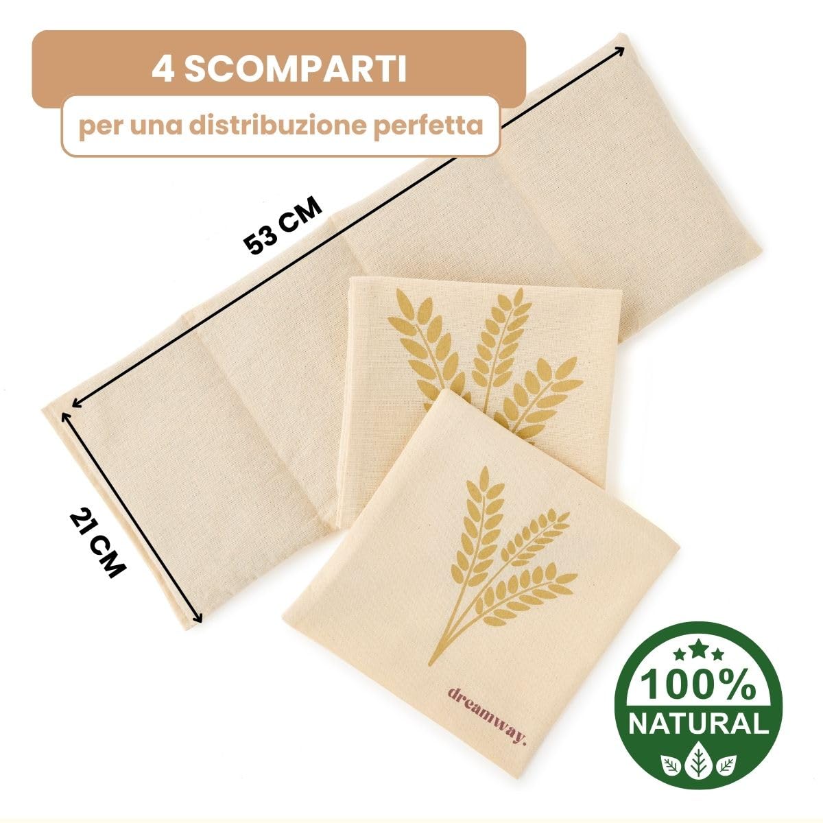 Dreamway - Cuscino riscaldante per microonde con semi di grano 53x20 cm - Cuscino termico naturale per dolori al collo, schiena e spalle - Fodera lavabile 100% cotone