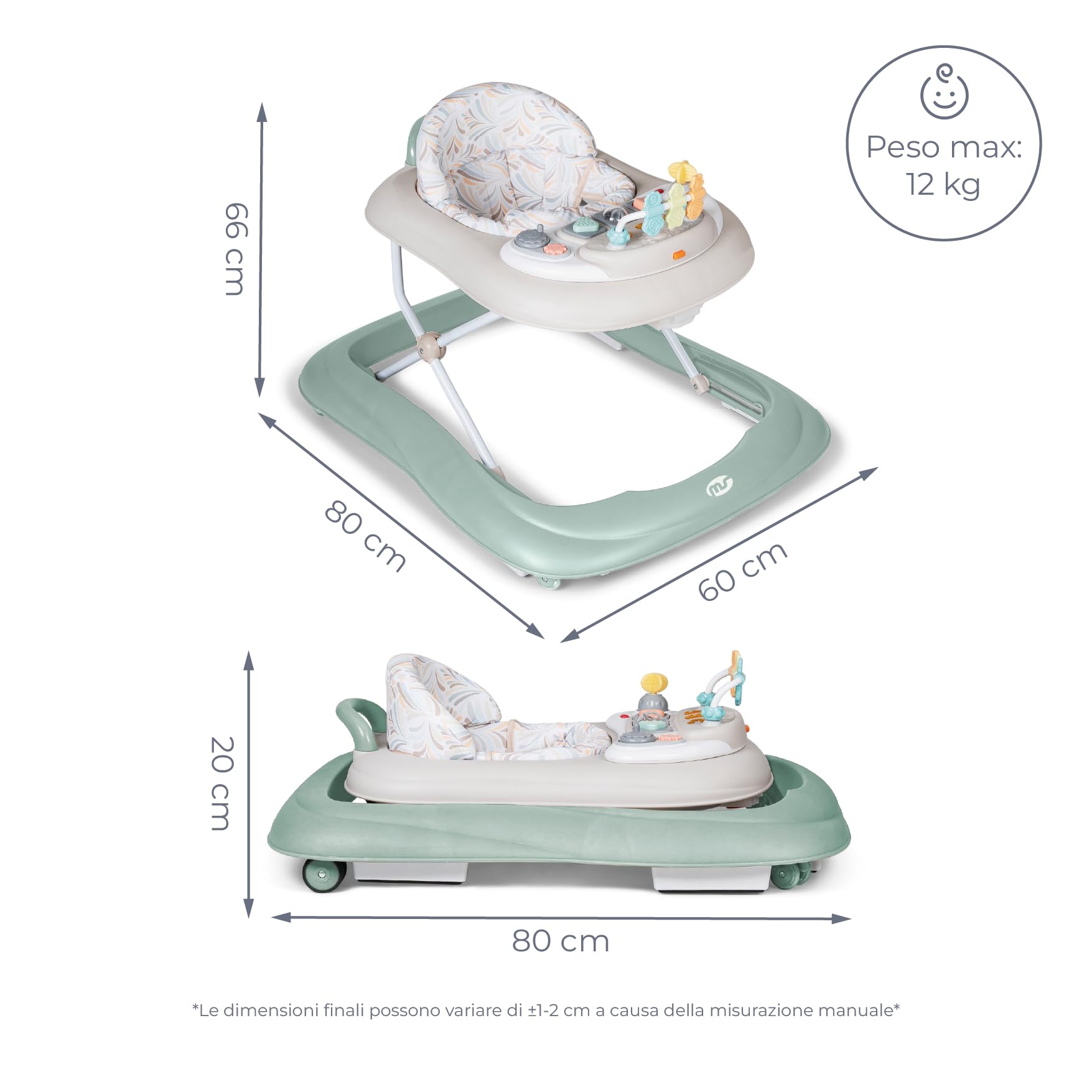 MS BabyWorld – Girello BASIC PLUS – Girello per Bambini con Vassoio Interattivo di Giochi con Suoni | Base Antiribaltamento | Tacatà con Ruote in Silicone e 3 Posizioni di Altezza
