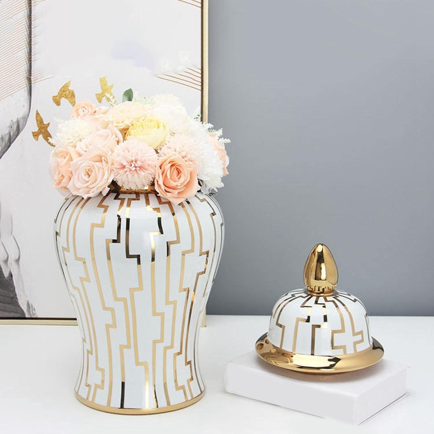 Food Storage Jar,Decorative Jar Ginger Jar Vase Decor Porcelain Ceramic Ginger Jar Storage Jar Temple Jar Flower Plants Holder Flowerpot Flower Vase for Home Ginger Jars St,White-17 * 37Cm