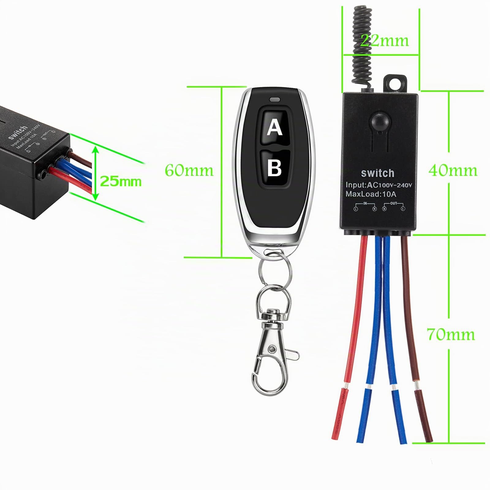 telecomando interruttore 220v,mini interruttore a distanza a 2 vie AC 220V/230V/240 V/10 A Rel¨¨ Interruttore della luce senza fili con 328FT a lungo raggio per motore,lampade,luci a LED