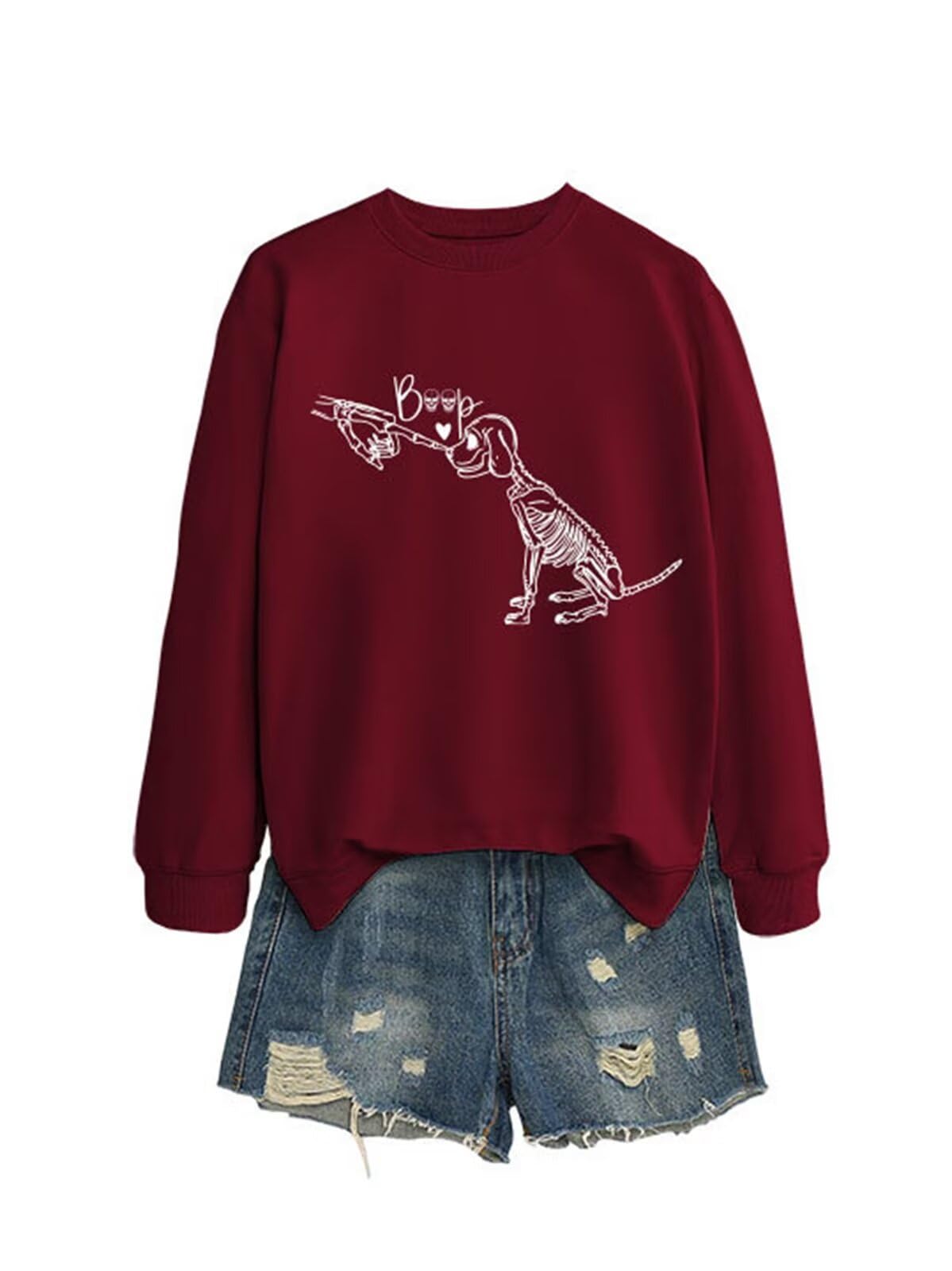 Epokay Cute Skeleton Dog Sweatshirt Women Funny Skull Graphic Halloween Thrilling Crewneck Casual Long Sleeve Pullover