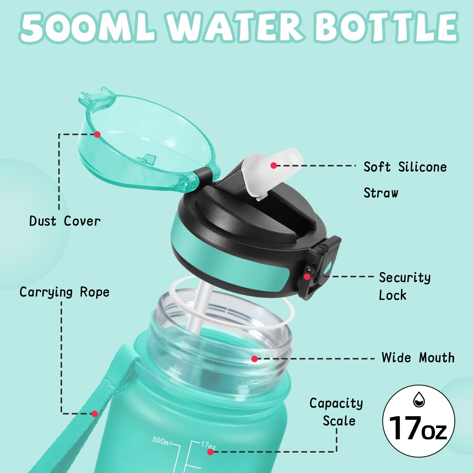Borraccia, 500ml Borraccia Bambini, Senza Perdite, Borraccie con Cannuccia, Facile da Trasportare, Borraccie Graduata, con Chiusura di Sicurezza, Borracce per Scuole, Ufficio, Campeggio