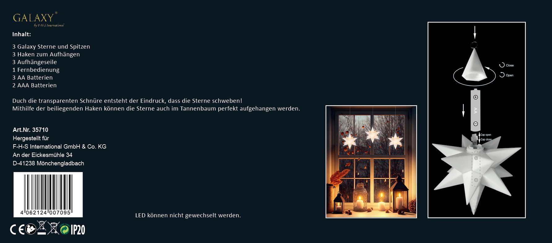 Galaxy schwebende LED Kunststoff-Sterne, 3er Set, weiß, je 10 warmweiße und 10 RGB LED, Stern 13 cm, wertige Fernbedienung mit EIN-Aus Schalter, 35710