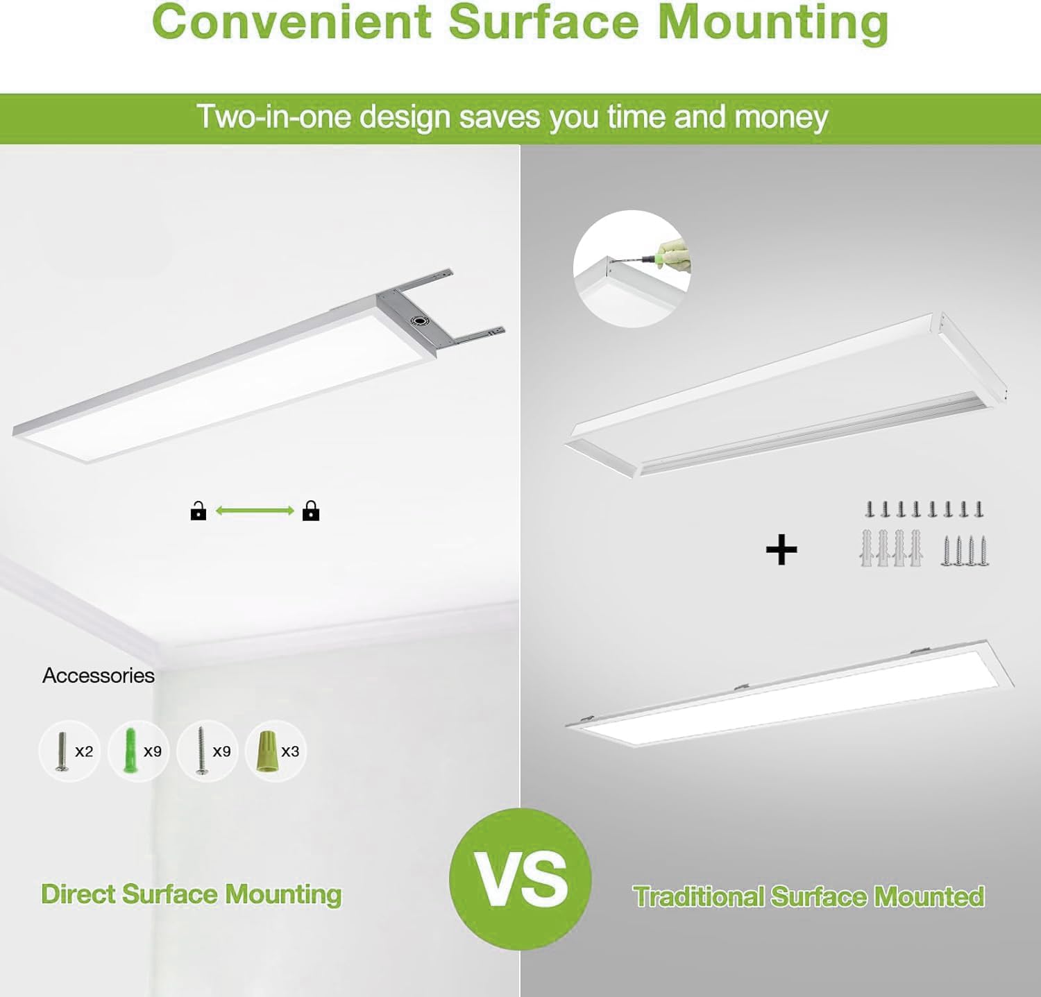 1x4 Led Flat Panel Light Surface Mount Ceiling Light, 3CCT 3000K/4000K/5000K Dimmable, 30W/40W/46W 5060LM -Lit, Flush Mount or Drop Ceiling for Office Kitchen Garage, White (2 Pack)