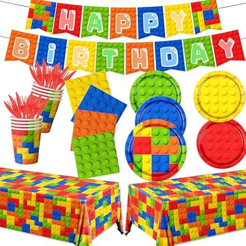 Building Block Birthday Party Supplies,143pcs Building Block Tableware Set Colorful Blocks Bricks Plates and Napkins Supplies Include Plates Cups Tablecloth Banner for Building Block Party Cover
