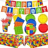 Building Block Birthday Party Supplies,143pcs Building Block Tableware Set Colorful Blocks Bricks Plates and Napkins Supplies Include Plates Cups Tablecloth Banner for Building Block Party