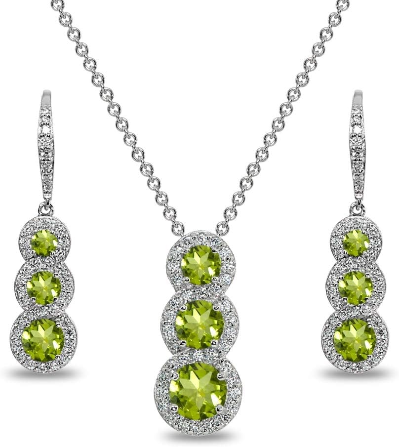 Sterling Silver Genuine or Synthetic Gemstone Journey Halo 3-Stone Necklace & Earrings Set for Women