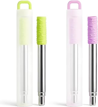 2 Pack Reusable Telescopic Stainless Steel Straw - Portable Collapsible Metal Straw with Silicone Tip & Brush, Adjustable 3.7"-8.5" for Travel, Cruise Purple+Green