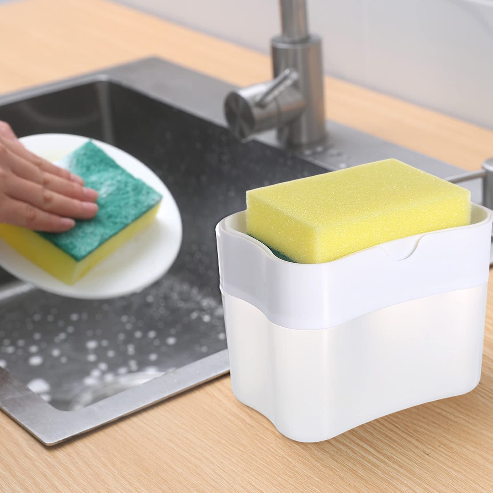 Dispenser di sapone in spugna - Dispenser di sapone per lavandino 2 in 1 con supporto per spugna - Supporto per spugna Lavandino detersivo per piatti Dispenser di sapone da banco Eubeisaqi