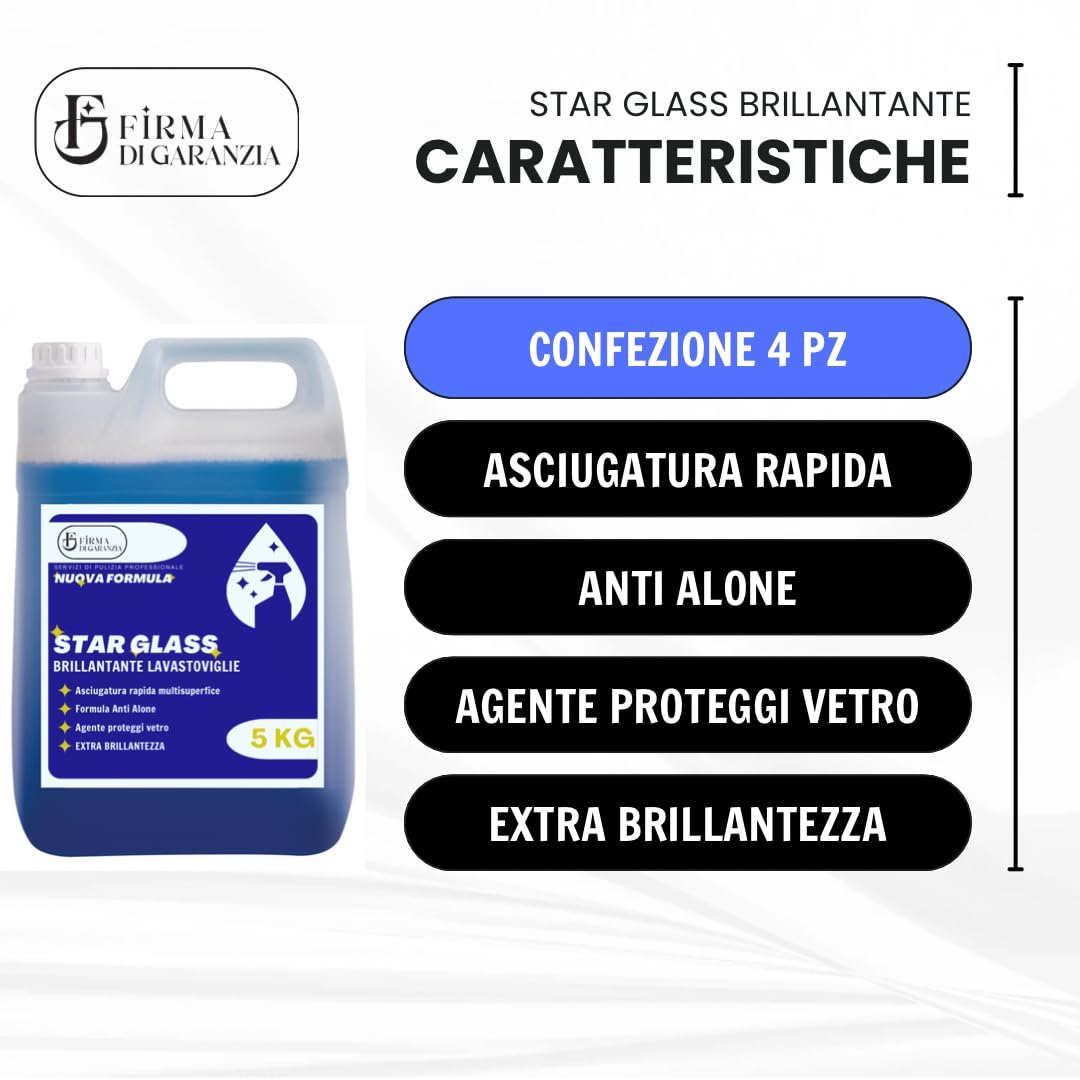 Detergente BRILLANTANTE Lavastoviglie professionale STAR BRILL concentrato liquido, detersivo lavapiatti antialone cristalli e stoviglie per bar e ristoranti | Tanica detergerne 5 KG contentrato - 4pz