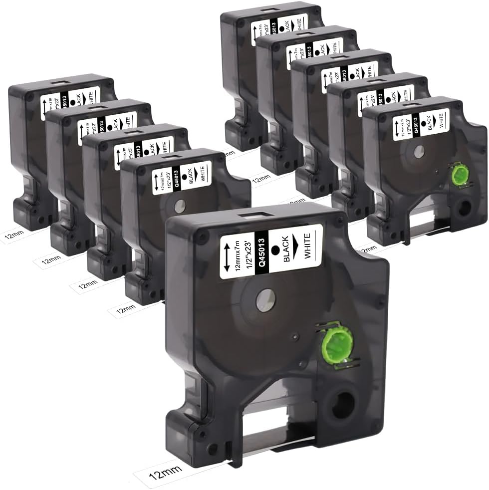 10x Label Tape Compatible for Dymo D1 45013 50720530 (1/2 Inch x 23Ft) Label Tape Blackon White Tape Work with Dymo Label Manager 160 200 210D280 360D 420P 450D