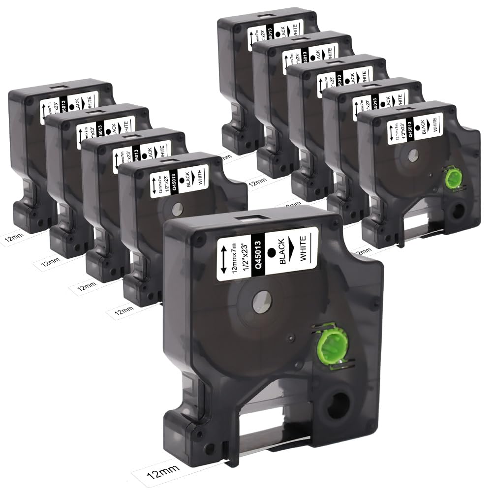 10 adesivi di ricambio per Dymo D1 45013 S0720530 (12 mm x 7 m), nastro adesivo nero su nastro bianco con Dymo Label Manager 160 200 210D 280 360D 420P 450D