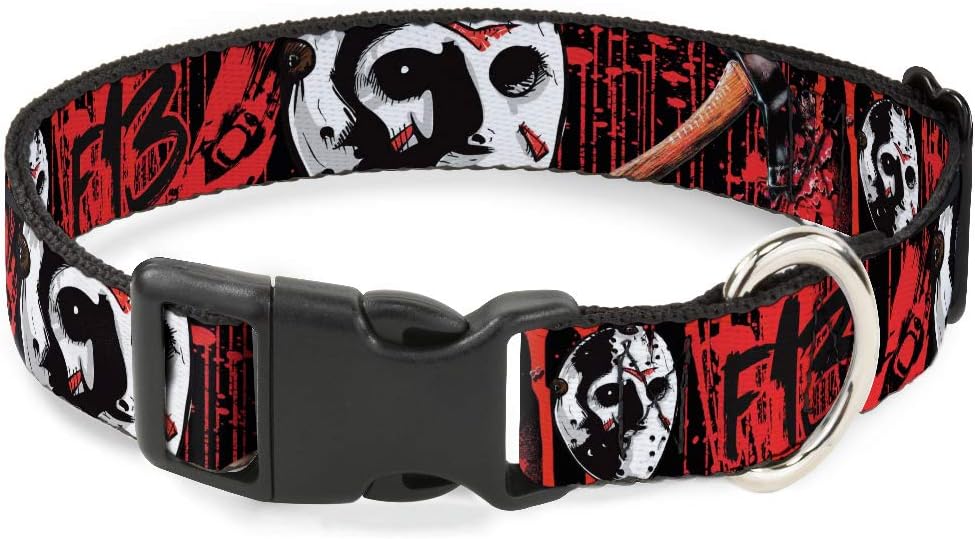 Warner Bros. Horror Movies Pet Collar, Dog Collar Plastic Buckle, Friday the 13th Jason Mask Axe Blood Splatter Black Red, 20 to 31 Inches 1.5 Inch Wide