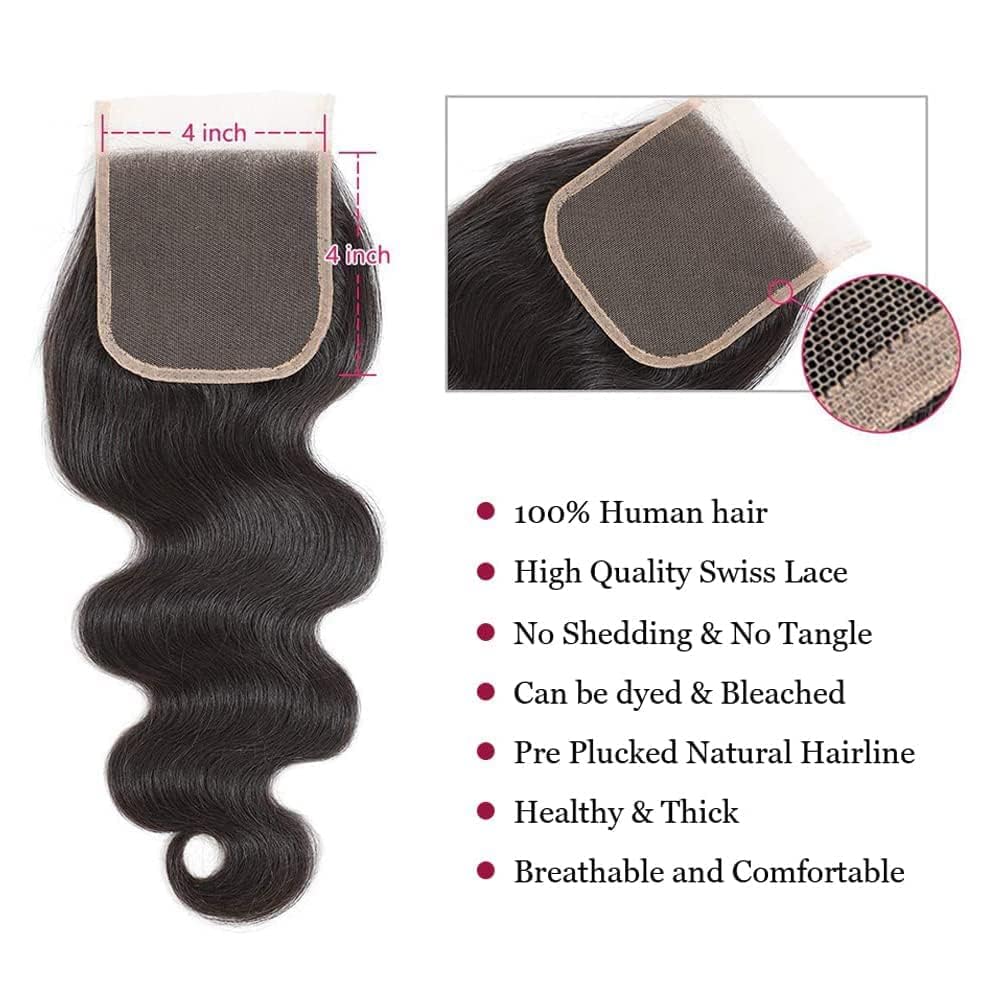 Body Wave Human Hair Bundles with Closure 10A Brazilian Human Hair 3 Bundles with 4x4 HD Lace Closure Free Part 100% Unprocessed Virgin Hair Natural Color（20 22 24 +18 Inch，Body Wave）