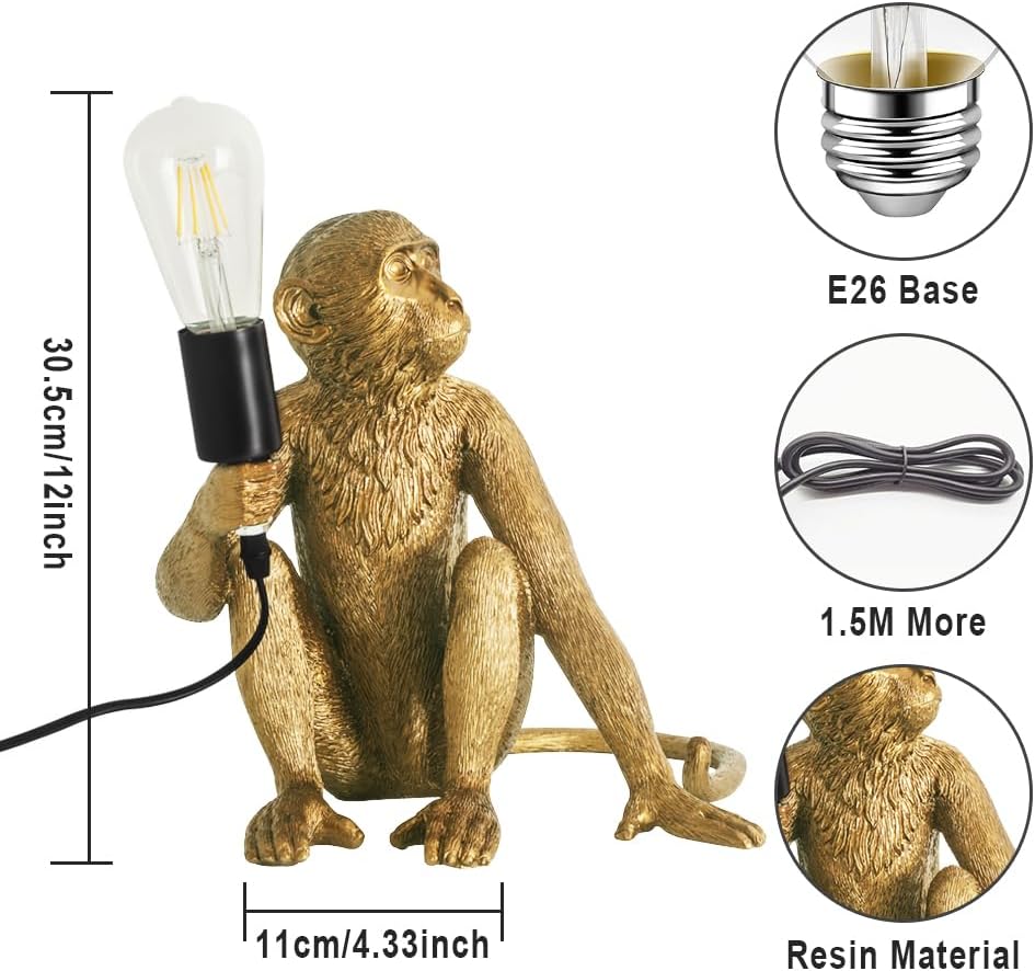 Monkey Desk Lamp, Resin Table Lamps for Living Room, Gold Animal Lamp for Bedroom, Unique Fun Creative Table Light Office Bar Cafe Home Decor