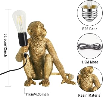 Cute Monkey Lamp,Gold Animal Table Lamps,Resin,Kids/Familie Gifts [Energy Class F]