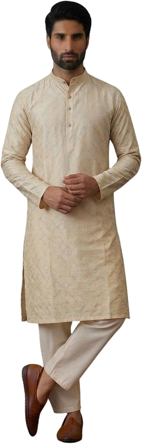 Sojanya (Since 1958 Men'S Silk Blend Navy Blue Kurta With Multi Color Embroidery