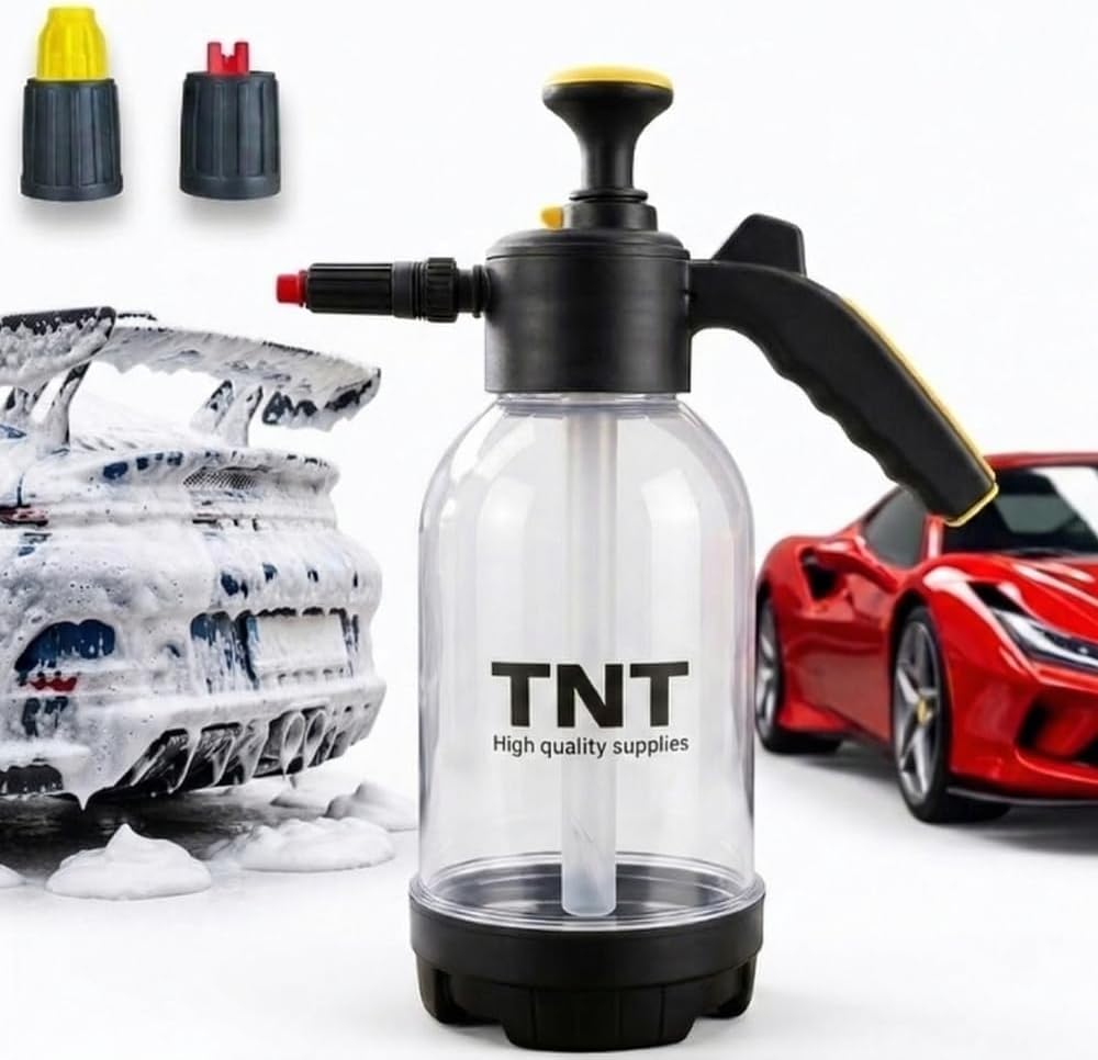TNT Pump Sprayer 0.53 Gallon/67oz /2L Hand Powered – Car Wash, Snow Foam, Gardening with 2 Nozzles, White Color, Heavy Duty Pressure Atomizer for Detailing, Professional Home and Garden