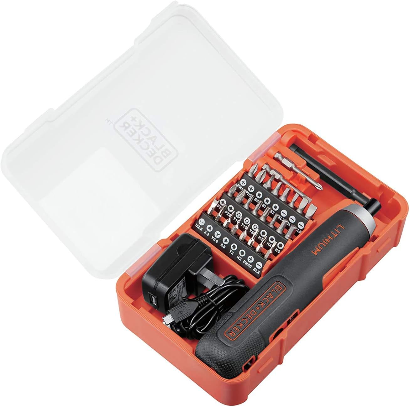 4V 5Nm Li-Ion Cordless Electric Push & Go Screwdriver with 27 Pieces Accessories in Kitbox for Screwdriving, Fastening and Wire Stripping, Orange/Black - BD40K27-B5