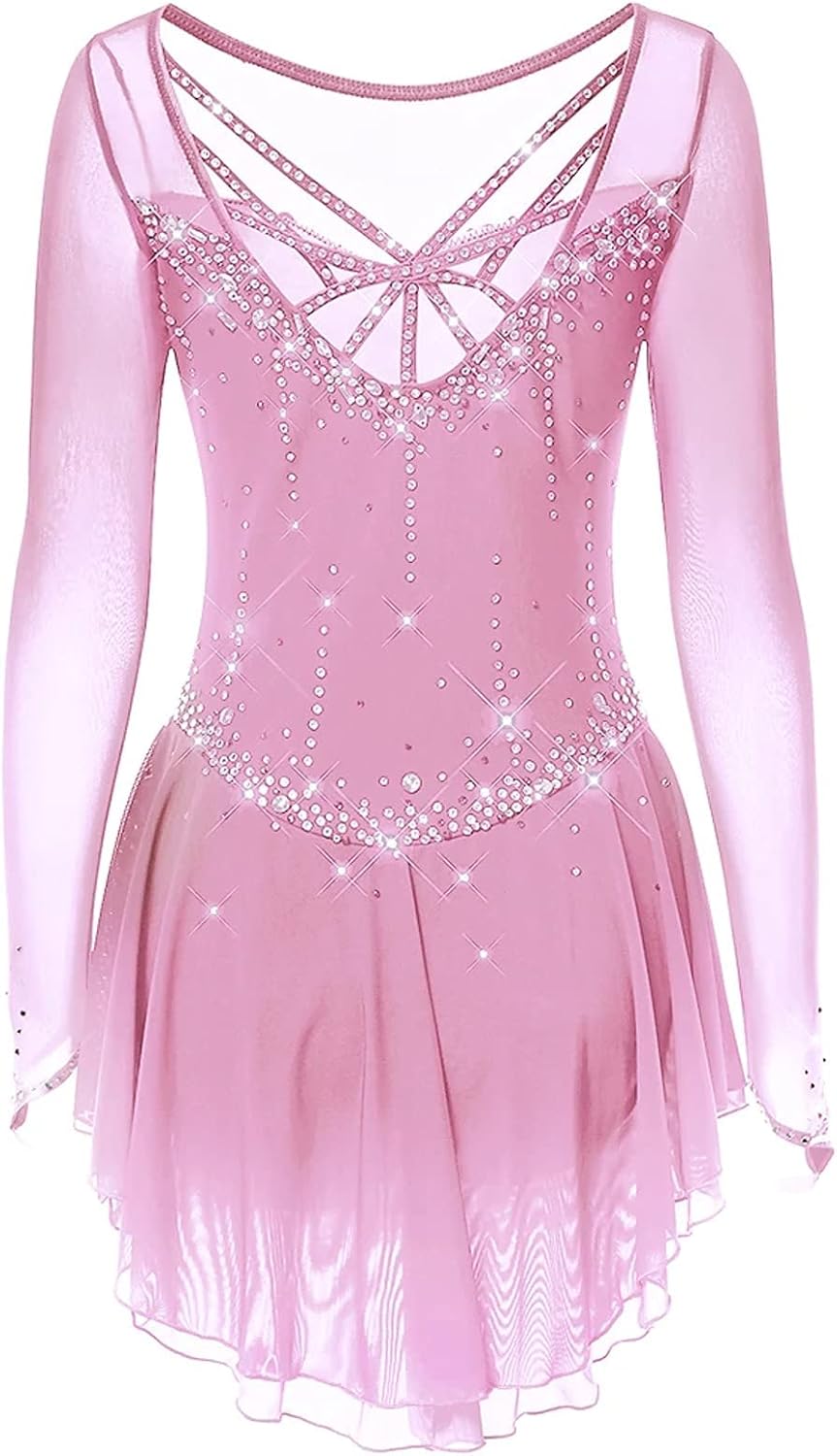 Figure Skating Dress Women's Girls' Ice Skating Dress Spandex Training Professional Skating Wear Handmade Long Sleeve,Pink,XL