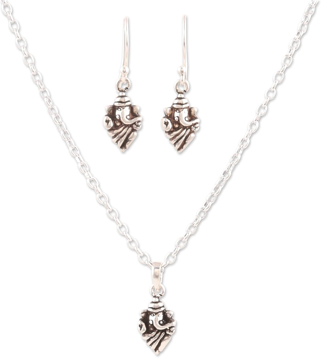 NOVICA Handmade Earrings Pendant Necklace Sterling Silver Jewelry Set India Animal Themed Hinduism Elephant