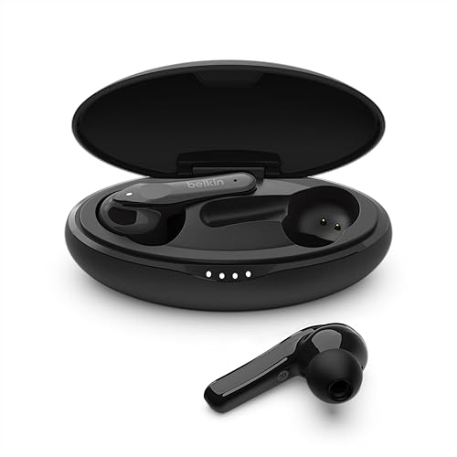 Belkin SOUNDFORM Move Plus, auriculares Bluetooth con micrófono, auriculares inalámbricos portátiles con funda de carga inalámbrica, auriculares