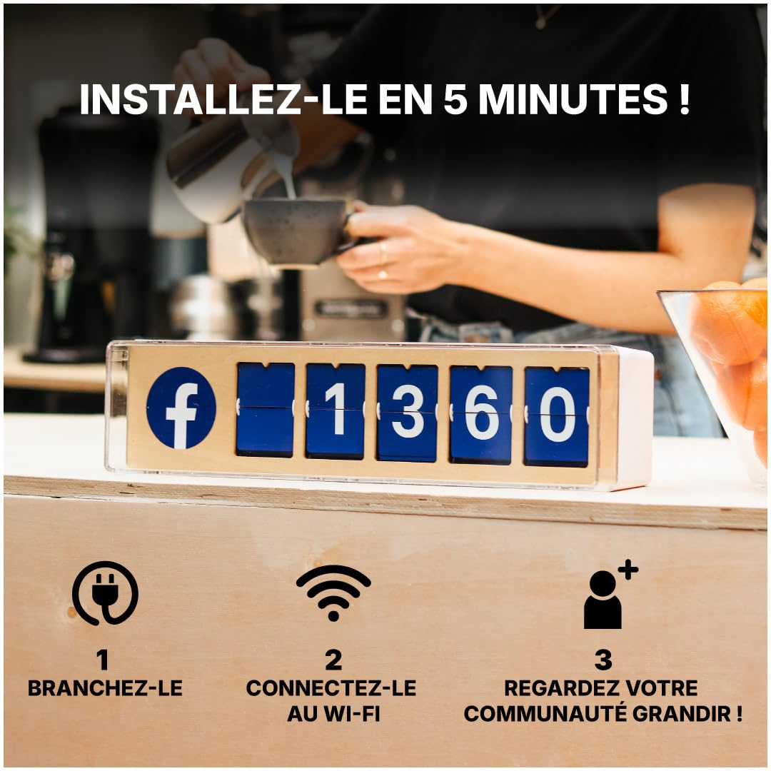 Compteur Abonnés Facebook Temps Réel, Volets Mécaniques, 5 Chiffres | Affichage Facebook à volets mécaniques. Idéal boutiques, cafés, restaurants. Wi-Fi + hotspot, installation en 5 minutes.