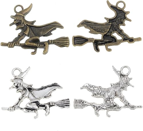 Miniatura 2 de 30 dijes de bruja en escoba mágica, para manualidades, para hacer joyas, collar de pulsera y collar vintage de plata antigua, bronce antiguo (plata