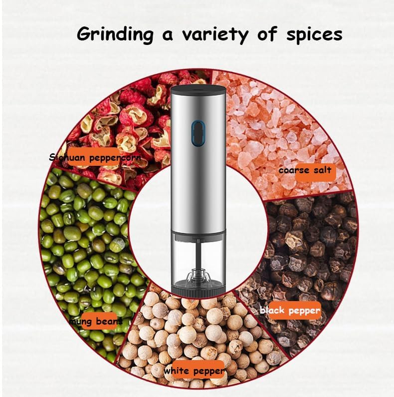 Image of Electric Salt and Pepper Grinder Stainless Steel Pepper Mill with Light Push Button One-Hand Operation Adjustable Coarseness (Silver)