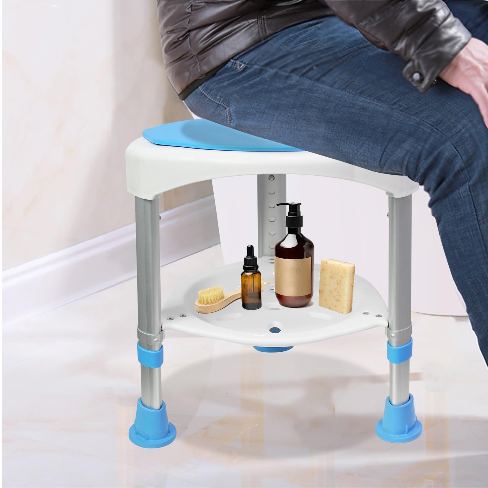 Aufun Silla de ducha giratoria 360°, taburete de baño y altura regulable de 45 a 57 cm, de aluminio y plástico, asiento de ducha con almohadilla antideslizante para los pies, para ancianos, niños y