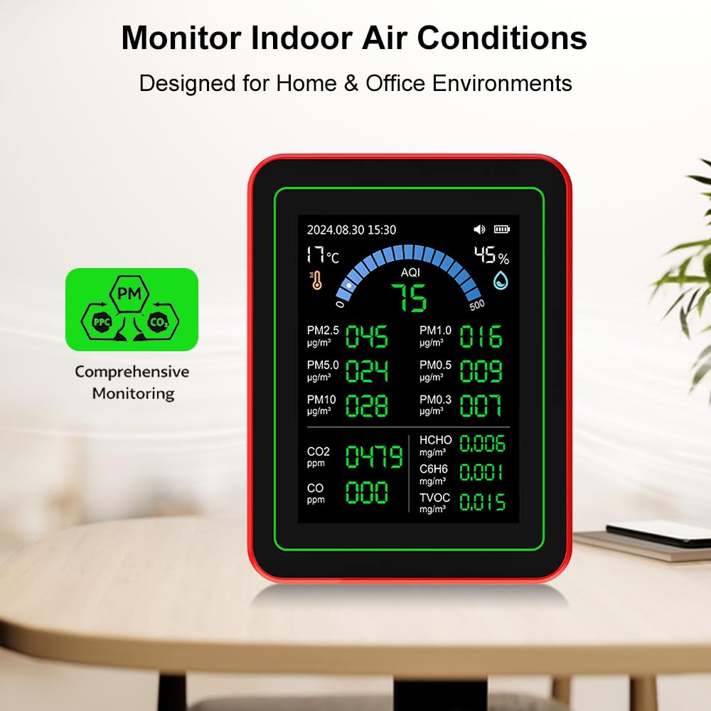 Gugxiom Probador de Calidad del Aire Interior, 18 en 1, CO2, TVOC, HCHO, PM2.5, PM10, Detección de Temperatura y Humedad, Almacenamiento de Datos