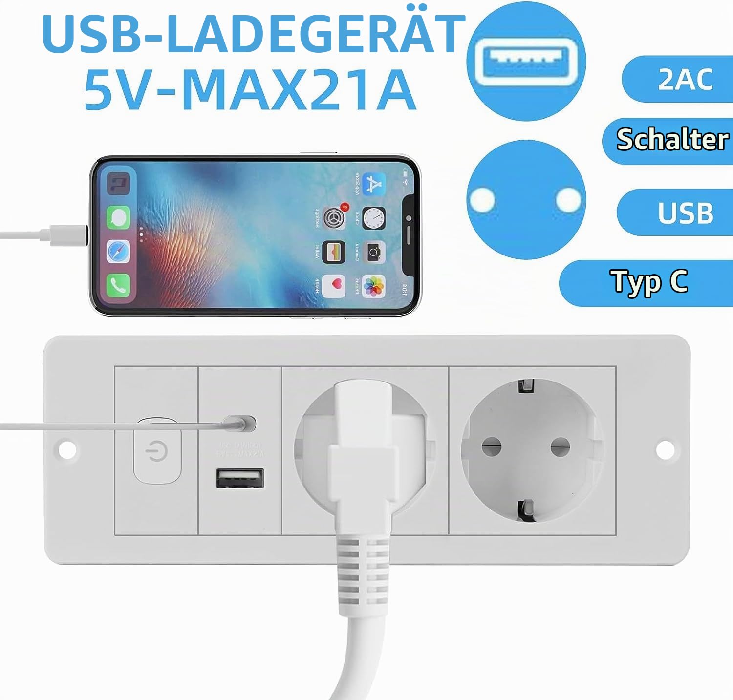 Tischplatte Versenkte Steckdose, 2-Fach Tischsteckdose mit USB & Typ-C, 1,8M Kabel, Mehrfachsteckdose Steckdosen Unterputz Arbeitsplatte für Büro, Küche, Arbeitsplatte (2AC-Weiß)