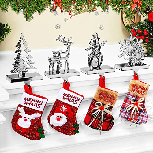 Christmas Stocking Holders for Mantel Double Snowflake Reindeer Snowman Tree Stocking Hanger Stocking Hooks Anti-Slip Mantle Hangers for Fireplace Christmas Home Party Decor (Layered Style,4 Pcs)