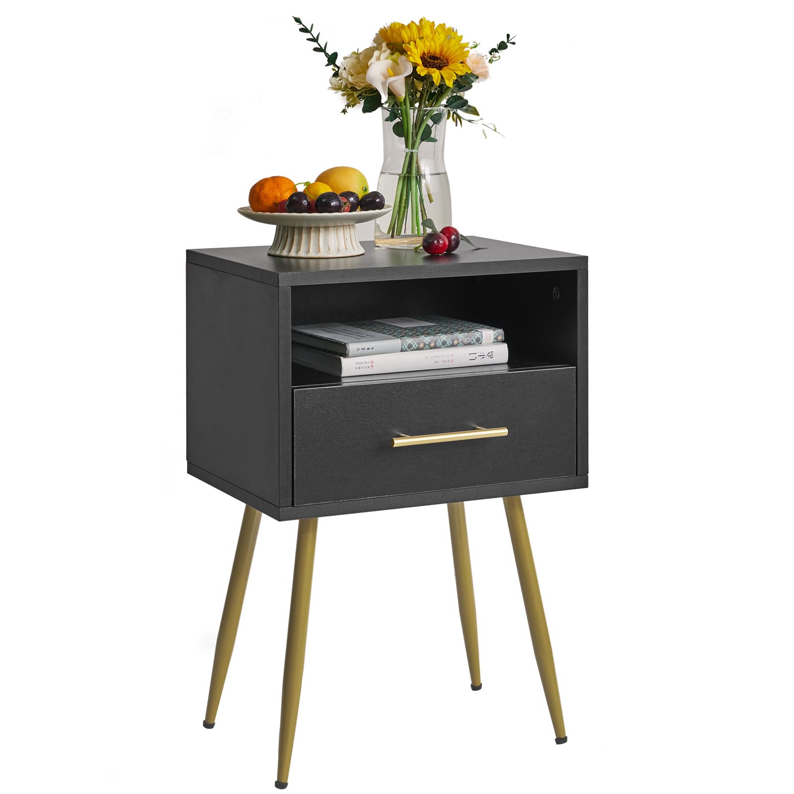 IBUYKE Mesita de noche, mesita de noche moderna de mediados de siglo con patas, mesa auxiliar minimalista y práctica con espacio de almacenamiento de 2 niveles, para dormitorio, sala de estar, negro W