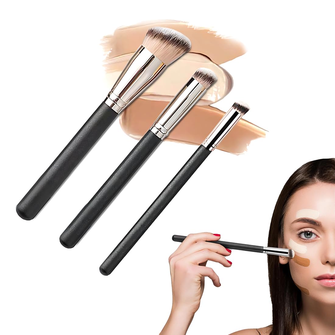 Zeayebsr 3 Piezas Brocha Maquillaje, brochas,Brocha Base Maquillaje, Brocha Corrector, Brocha Maquillaje Fluido con Fibra Sintética Suave, para Base de Maquillaje Cremosa, en Polvo o Líquida