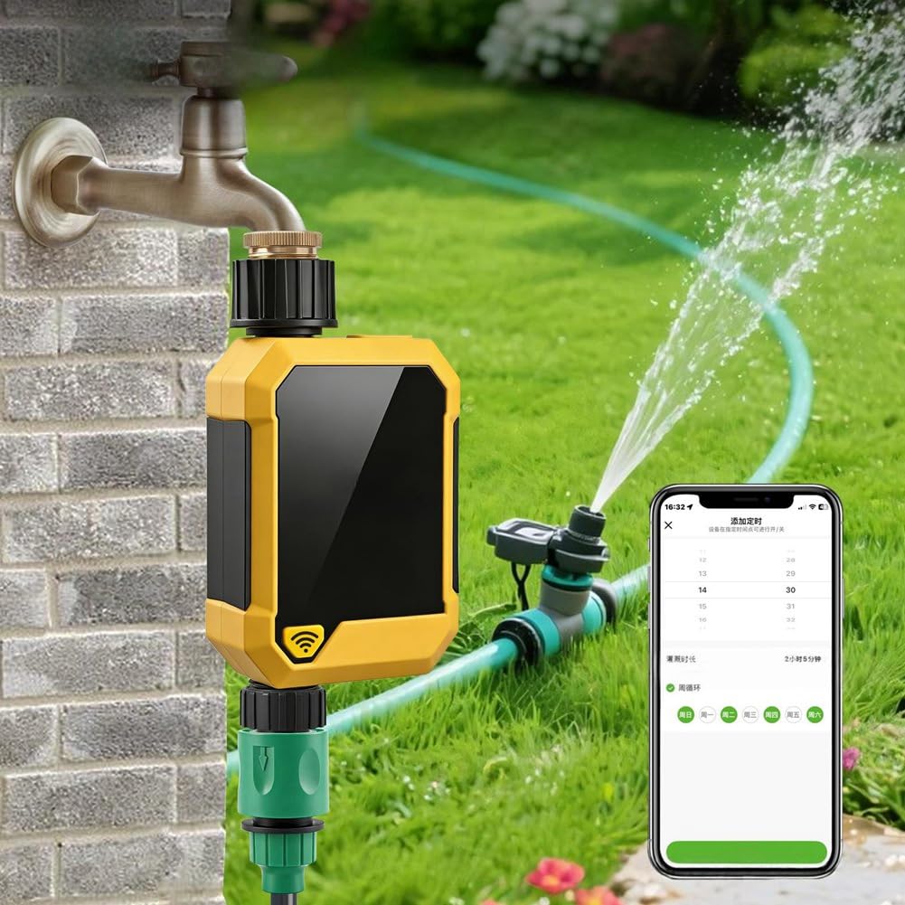 Temporizador de Agua WiFi Tuya, Temporizador de Riego Inteligente con Sensor de Lluvia y Control Remoto para Jardín, Patio y Césped IPX6