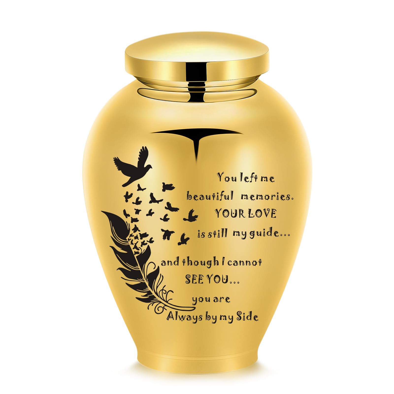 Large Cremation Urn for Human/Pet Ashes Stainless Steel Memorial Keepsake with Tree of Life Wings/Butterfly/Bird/Heart Funeral Ash Holder (Gold-210 * 143mm - Always by my side)