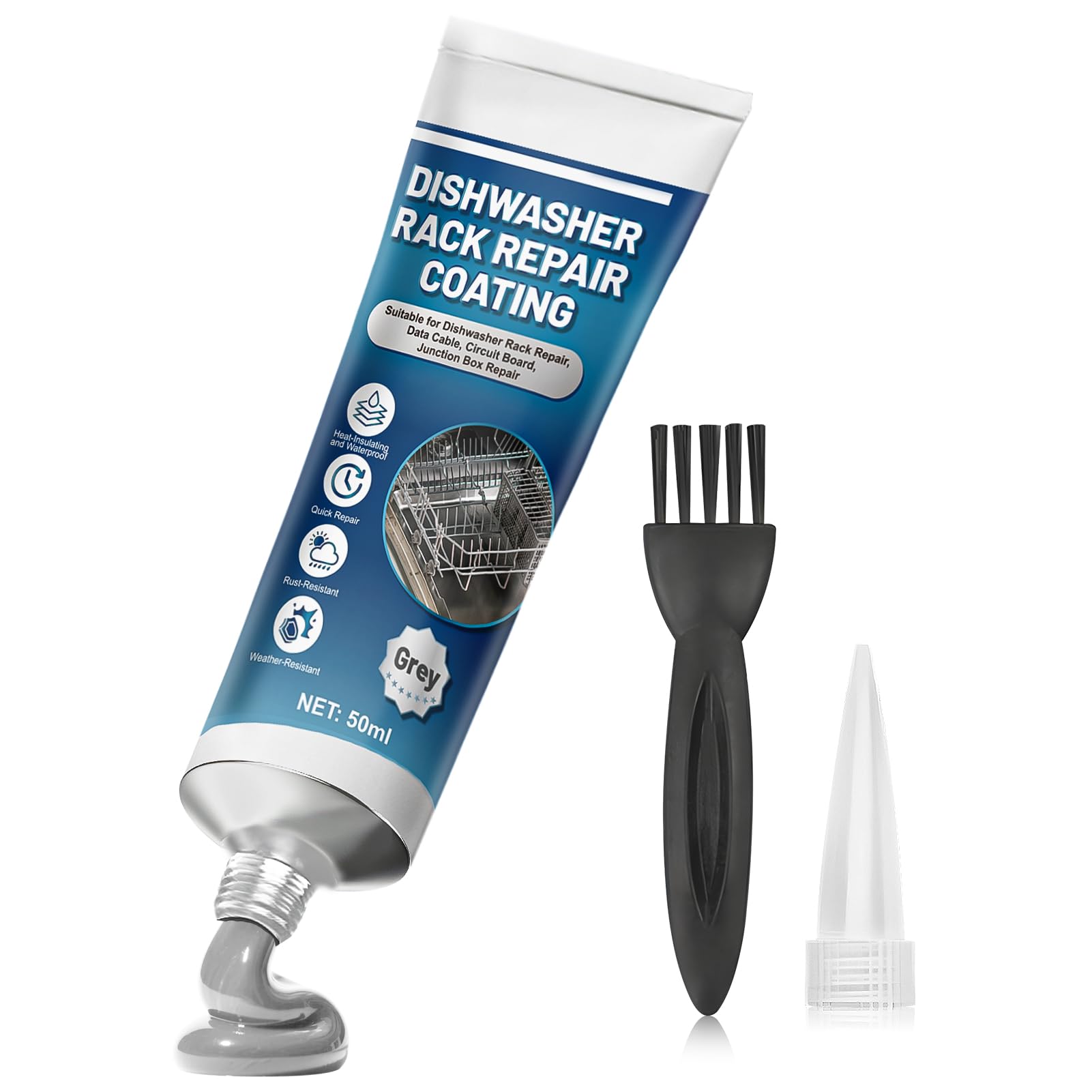 NoxGule Reparador Cesta Lavavajillas, Pintura para Cestas Lavavajillas, Rerack lavavajillas Gris, Fuerte Adherencia, Resistente al Agua, para Reparar Gomas Desprendidas en Cestas, 50ml
