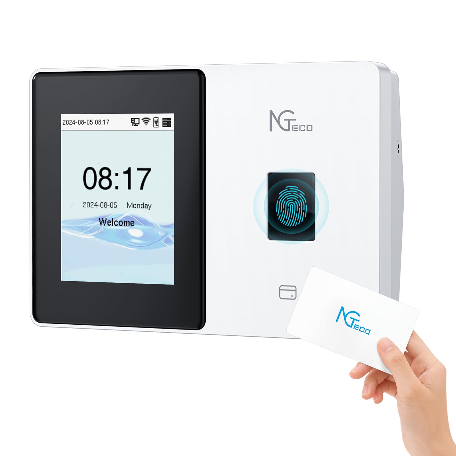 NGTeco Fingerabdruck-Zeiterfassung für Kleinbetriebe TC2, Cloud Zeiterfassung mit 2.4/5GHz WLAN, 5 RFID-Karten, Fingerabdruck, Fernbedienungs-Software, iOS/Android App, Keine monatlichen Gebühren