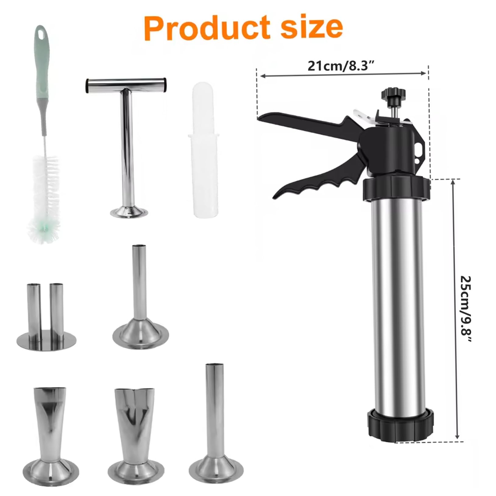 Jerky Gun|Jerky Gun für Hackfleisch, Wurstfüller-Set aus Edelstahl mit Düsen und Reinigungsbürsten für selbstgemachtes Kochen und Essenszubereitung