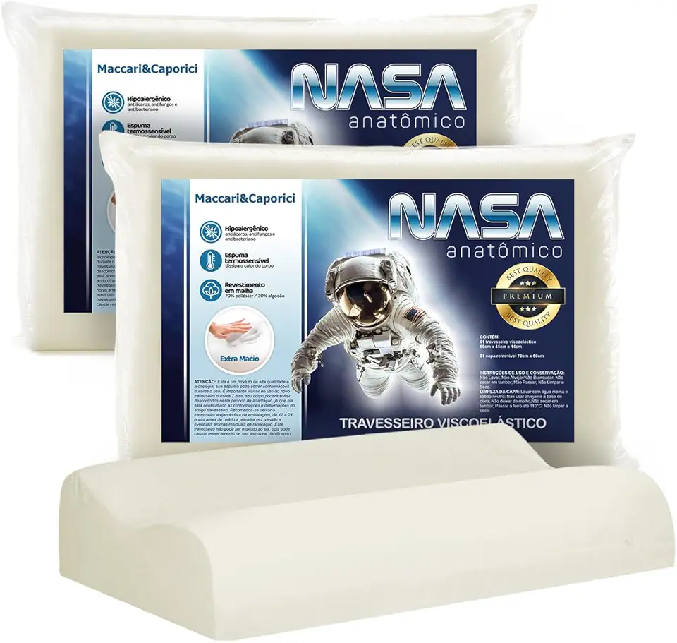 Kit 02 Travesseiro Nasa Cervical Anatômico Ortopédico Premium para fronha 50cmx70cm 14cm de Altura 100% Viscoelástico